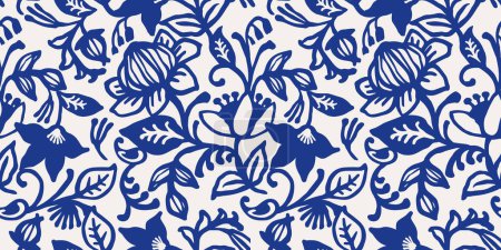 Illustration for Ethnic blue seamless patterns with plant motifs. Modern abstract design for paper, cover, fabric, interior decor and other use - Royalty Free Image