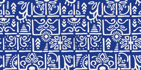Téléchargez les illustrations : Motifs sans couture bleu ethnique avec des éléments azulejo. Design abstrait moderne pour le papier, la couverture, le tissu, la décoration intérieure et d'autres utilisations - en licence libre de droit