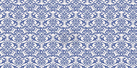 Illustration for Ethnic blue seamless patterns with plant and geometric elements. Modern abstract design for paper, cover, fabric, interior decor and other use - Royalty Free Image