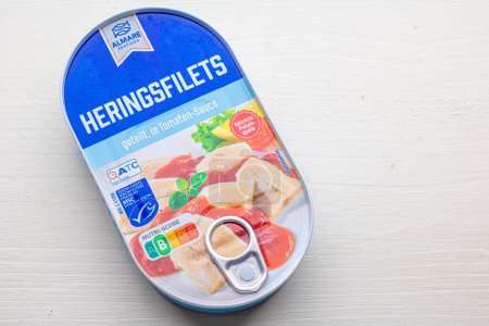 Photo for Neckargemuend, Germany: December 23, 2023: a can of Almare brand herring fillet in tomato sauce with MSC Label, a own budget brand of the German discounter aldi sued which are sold in southern germany. - Royalty Free Image