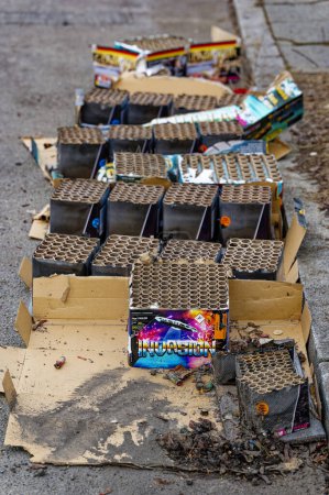 Photo for Berlin, Germany - January 1, 2023: Remains of a New Year's Eve celebration along a street. - Royalty Free Image