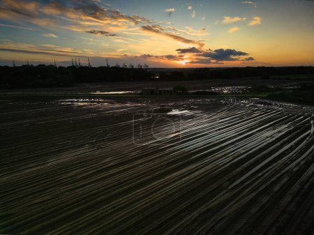 Photo for Sunset at Felixstowe after heavy rains aerial view - Royalty Free Image