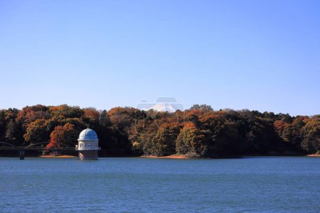 Photo for Tama lake and intake tower with Mt. Fuji in autumn in Tokyo, Japan - Royalty Free Image