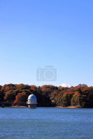 Photo for Tama lake and intake tower with Mt. Fuji in autumn in Tokyo, Japan - Royalty Free Image