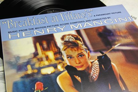 Photo for Viersen, Germany - May 9. 2022: Closeup of vinyl record cover with soundtrack of movie breakfast at tiffany s with Audrey Hepburn - Royalty Free Image