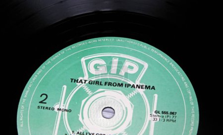 Photo for Viersen, Germany - November 9. 2022: Closeup of isolated vinyl record with logo of GIP records label with Astrud Gilberto song girl from Ipanema - Royalty Free Image