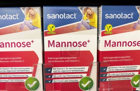 Photo for Viersen, Germany - June 9. 2023: Closeup of sanotact mannose pills in shelf of german supermarket - Royalty Free Image