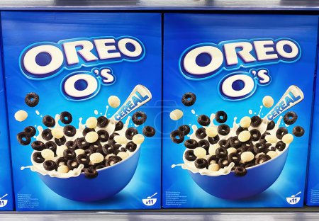 Photo for Viersen, Germany - June 9. 2023: Closeup of packages Oreo o` cereal  in shelf of german supermarket - Royalty Free Image