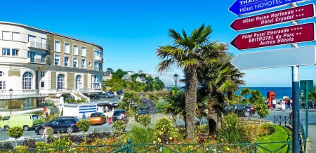 Téléchargez les photos : Dinard, France - 9 septembre. 2016 : Circuit avec îlot de palmiers verts dans la ville côtière bretonne et panneaux de signalisation pour les hôtels - en image libre de droit
