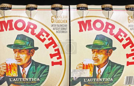 Photo for Viersen, Germany - December 9. 2023: Closeup of sixpacks italian Moretti beer - Royalty Free Image