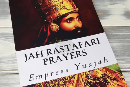 Photo for Viersen, Germany - January 9. 2024: Closeup of Empress Yuajah book cover Jah Rastafari Prayers, portrait of King Haile Selassie - Royalty Free Image