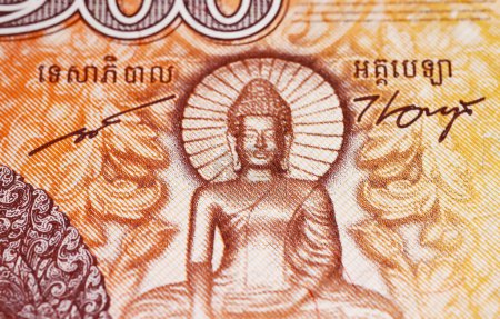 Buddha statue on Cambodia 100 Riel currency banknote  (focus on center)