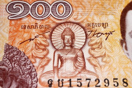 Buddha statue on Cambodia 100 Riel currency banknote  (focus on center)