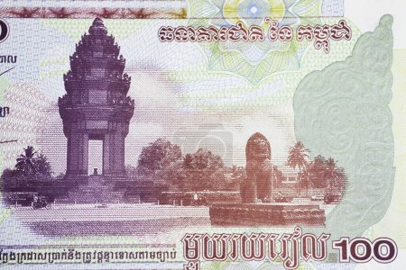 Independence Monument in Phnom Penh on current 100 Riel Cambodia  banknote currency