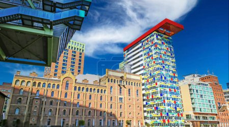 Photo for Dusseldorf, Germany - March 1. 2021: Panoramic view from medienhafen on Gehry houses, tv tower and bridge against deep blue cloudless sky in winter - Royalty Free Image