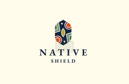 Ilustración de El logo Native Shield encapsula un espíritu de unidad, resiliencia y reverencia por la naturaleza. una paleta de colores vibrante inspirada en los ricos tonos que se encuentran en el mundo natural. - Imagen libre de derechos