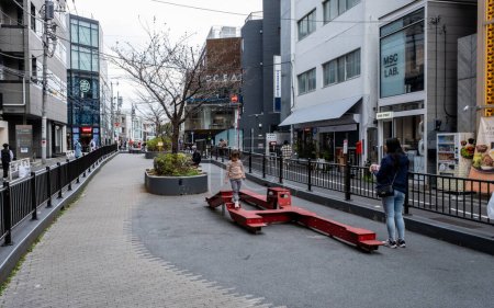 Photo for March 13th 2023 - Tokyo, Japan: Public seating area in the middle of Cat Street, Shibuya, Tokyo, Japan - Royalty Free Image