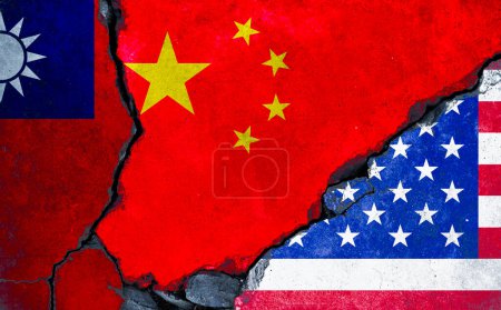 Foto de China Taiwan and USA flag on broken wall crack for conflict relation among three countries concept. - Imagen libre de derechos