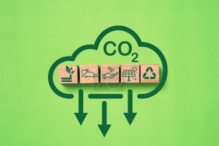 CO2-Reduzierungs-Symbol, Recycling, Grüne Fabrik, Elektrofahrzeuge zur Verringerung des Kohlendioxid-Ausstoßes, CO2-Fußabdruck und CO2-Gutschriften zur Begrenzung der globalen Erwärmung durch das Klimawandelkonzept.