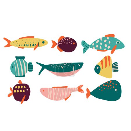 Photo for Collection of vector hand drawn cute fishes in flat style. Fishes body, vector icons. Vector illustration for icon, logo, print, icon, card, emblem, label. Aquarium, sea, ocean - Royalty Free Image
