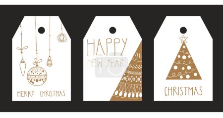 Photo for Set of retro Christmas tags. With hand drawing elements. Abstract Christmas tree and Christmas balls. Vector tags for banner, poster, gift, present - Royalty Free Image