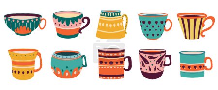 Photo for Hand drawn set of various cups with tea or coffee. vector. Side view. Flat design. Trendy vector illustration for icon, logo, print, icon, card, emblem, label. - Royalty Free Image