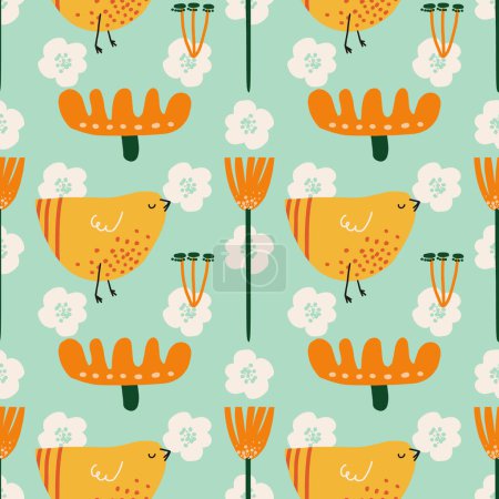Illustration for Seamless pattern with hand drawn yellow birds or hens on green background. Texture for fabric, wallpaper, textile, apparel, wrapping paper, banner, print, card, gift, fabric, advertising, fabric - Royalty Free Image