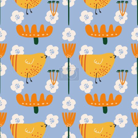 Illustration for Seamless pattern with hand drawn yellow birds or hens on blue background. Texture for fabric, wallpaper, textile, apparel, wrapping paper, banner, print, card, gift, fabric, advertising, fabric - Royalty Free Image
