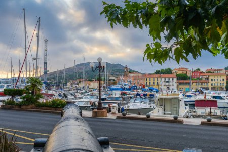 Photo for Harbor and old cannon at Port-Vendres at morning at Occitanie in France - Royalty Free Image