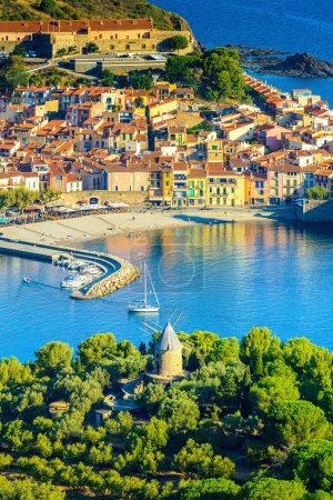Foto de Landscape of Collioure city with harbor and sea at Occitanie in France - Imagen libre de derechos
