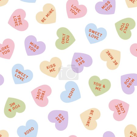 Illustration for Vector seamless pattern with hand drawn conversation hearts. Lovely romantic endless background for Valentines day, holiday design, wallpaper, fabric. Candy hearts pattern in flat cartoon style - Royalty Free Image