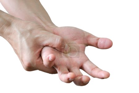 Die Hände des jungen Mannes haben Schmerzen und Verletzungen am Finger.