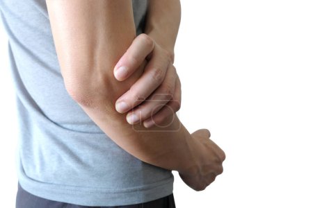Men use their hands to hold their elbows and He had pain at the elbows.. Painful Health and medical concepts