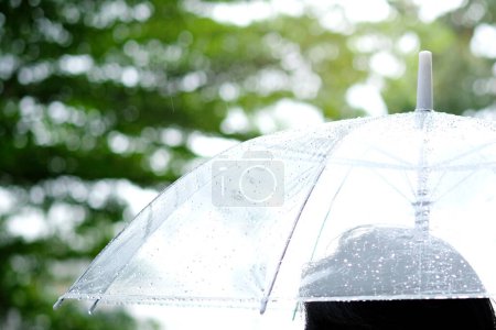 Las mujeres caminan bajo la lluvia. Mano de mujeres sosteniendo un paraguas. Ella se siente triste, Sky tiene una llovizna y nublado todo el tiempo. Fondo de lluvia, Fondo de paraguas.