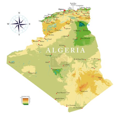 Ilustración de Mapa físico altamente detallado de Argelia en formato vectorial, con todas las formas de relieve, regiones y grandes ciudades. - Imagen libre de derechos
