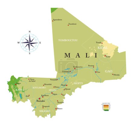 Ilustración de Malí mapa físico altamente detallado - Imagen libre de derechos