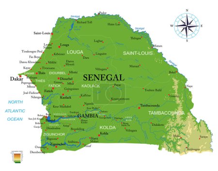 Ilustración de Mapa físico altamente detallado de Senegal y Gambia en formato vectorial, con todas las formas de relieve, regiones y grandes ciudades. - Imagen libre de derechos