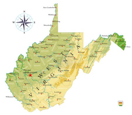 Téléchargez les illustrations : Virginie-Occidentale carte physique très détaillée - en licence libre de droit