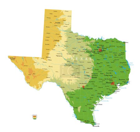 Ilustración de Mapa físico altamente detallado de Texas - Imagen libre de derechos