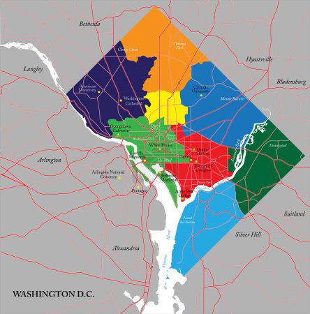 Téléchargez les illustrations : Carte vectorielle très détaillée de Washington D.C. avec les huit quartiers, la zone métropolitaine et les routes principales. - en licence libre de droit