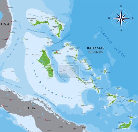 Ilustración de Islas Bahamas mapa físico altamente detallado - Imagen libre de derechos