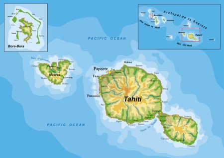 Téléchargez les illustrations : Carte physique très détaillée de Tahiti et Bora-Bora - en licence libre de droit