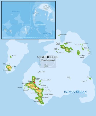Téléchargez les illustrations : Îles Seychelles carte physique très détaillée - en licence libre de droit