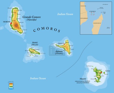 Téléchargez les illustrations : Îles Comores carte physique très détaillée - en licence libre de droit