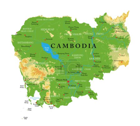 Cambodge - carte physique très détaillée
