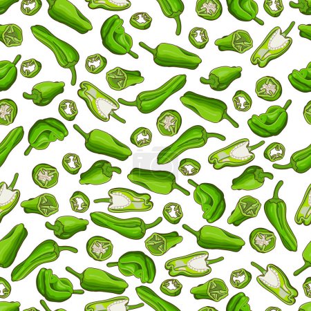 Illustration for Seamless pattern with Green small Padron peppers. Pimientos de padron. Pemento de Herbon. Capsicum annuum. Chili pepper. Vegetables. Cartoon style. Vector illustration isolated on white background. - Royalty Free Image