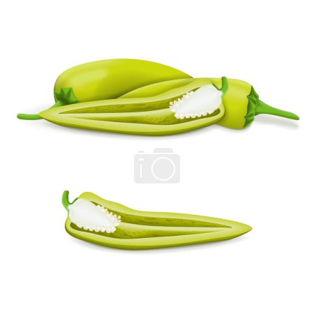 Illustration for Whole and half of Hungarian Chile Peppers. Hungarian wax pepper. Hot Wax pepper. Capsicum annuum. Chili pepper. Fresh organic vegetables. Vector illustration isolated on white background. - Royalty Free Image