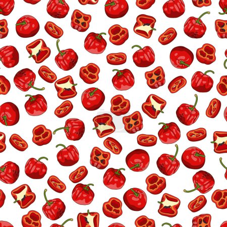 Téléchargez les illustrations : Seamless pattern with Rocoto peppers. Locoto peppers. Rocote peppers. Capsicum pubescens. Chili pepper. Vegetables. Cartoon style. Vector illustration isolated on white background. - en licence libre de droit