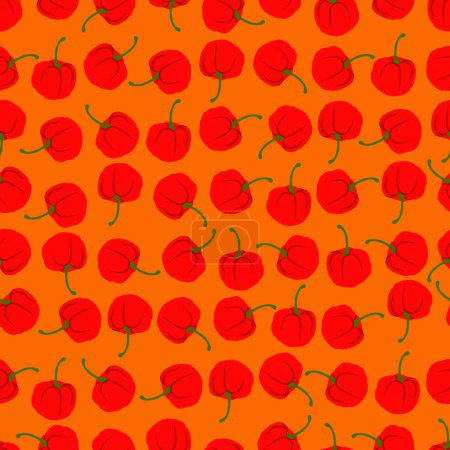 Téléchargez les illustrations : Seamless pattern with Rocoto peppers. Locoto peppers. Rocote peppers. Capsicum pubescens. Chili pepper. Vegetables. Flat style. Vector illustration isolated on yellow background. - en licence libre de droit