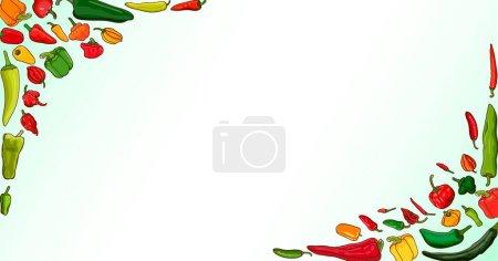 Ilustración de Horizontal banner with different types of peppers. Sweet peppers. Mild, medium hot, super hot Chili peppers. Vegetables. Cartoon style. Vector illustration isolated on white background. Template. - Imagen libre de derechos